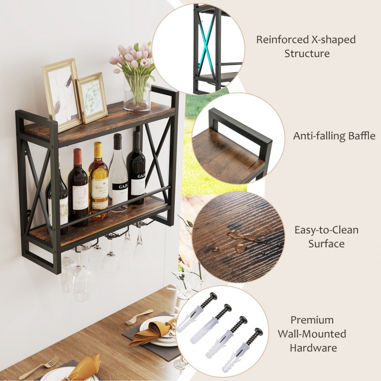 Wall-mounted wine rack with 2-tier shelves, rustproof metal, and anti-falling baffle for secure glass storage.