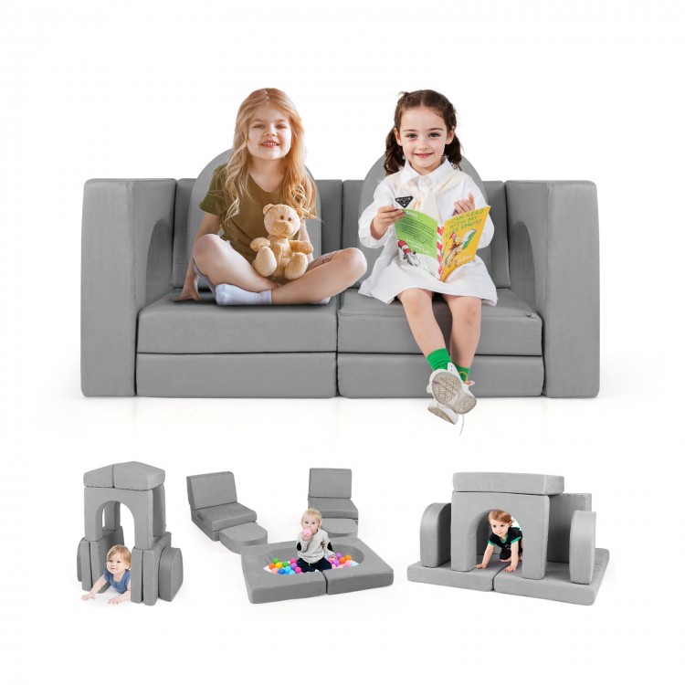 Modular kids play couch in gray with 8 pieces, featuring comfy suede fabric and flexible configurations for playtime.