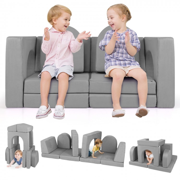 Modular kids play couch in gray with 8 pieces, featuring comfy suede fabric and removable, washable covers for easy.