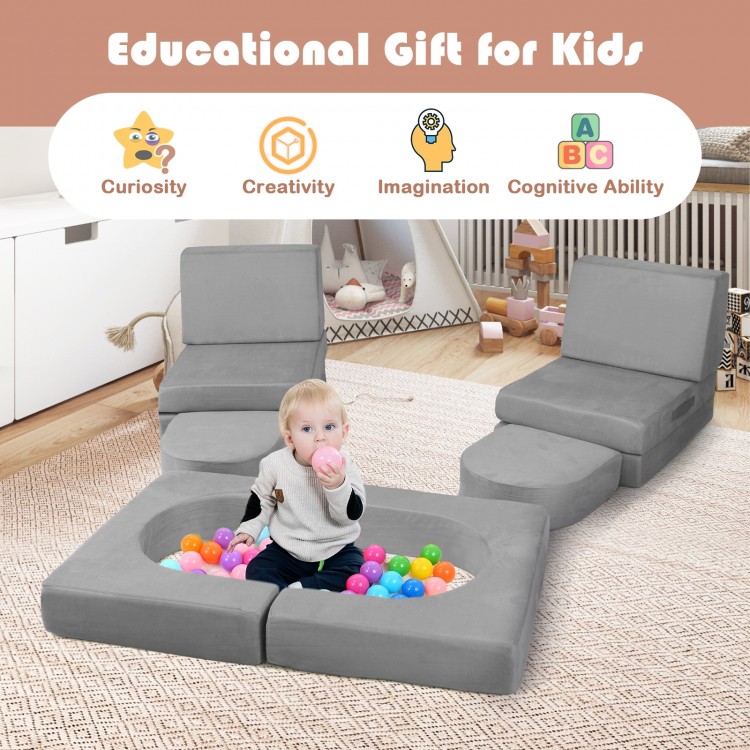Modular kids play couch in gray with 8 pieces, made of comfy suede fabric, ideal for creative play and comfort.
