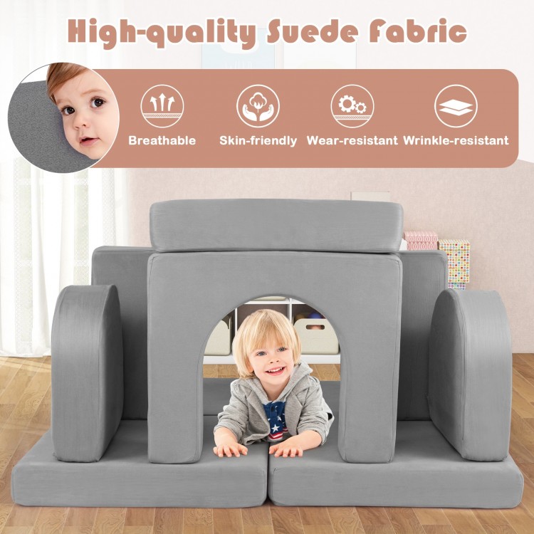 Modular kids play couch in gray with comfy suede fabric, featuring 8 flexible pieces for safe and fun playtime.