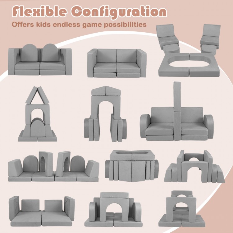 8-piece modular kids play couch in gray suede, featuring flexible configurations for endless play and comfort.
