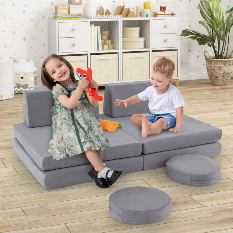 Modular kids play couch set in gray, featuring 6 foam pieces with washable covers, ideal for playroom fun and.