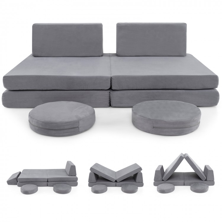 Modular kids play couch set in gray, featuring 6 foam pieces with washable covers for versatile playroom configurations.