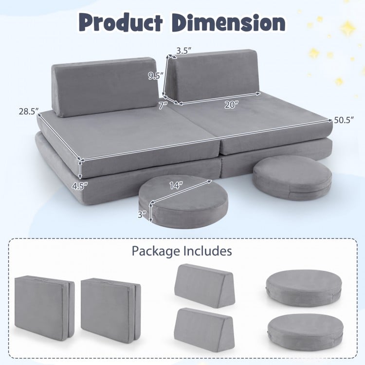 Modular kids play couch set dimensions with gray velvet covers, includes 6 foam blocks for versatile playroom use.