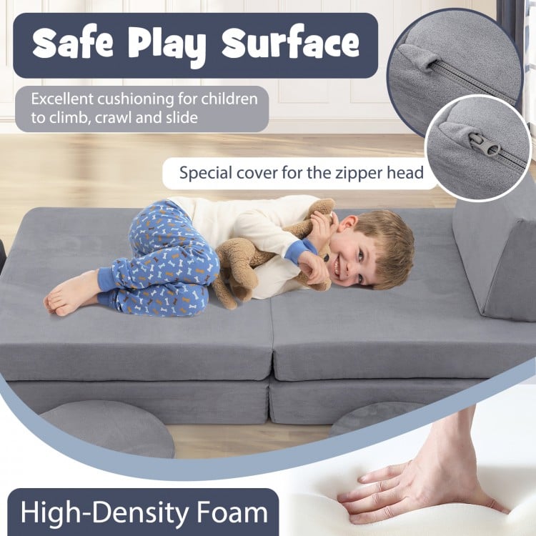 Modular kids play couch set in gray with high-density foam, featuring removable washable covers for safe play.