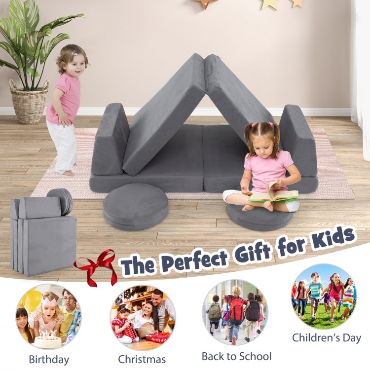 Modular kids play couch set in gray with washable covers, perfect for safe play and flexible storage in living rooms.