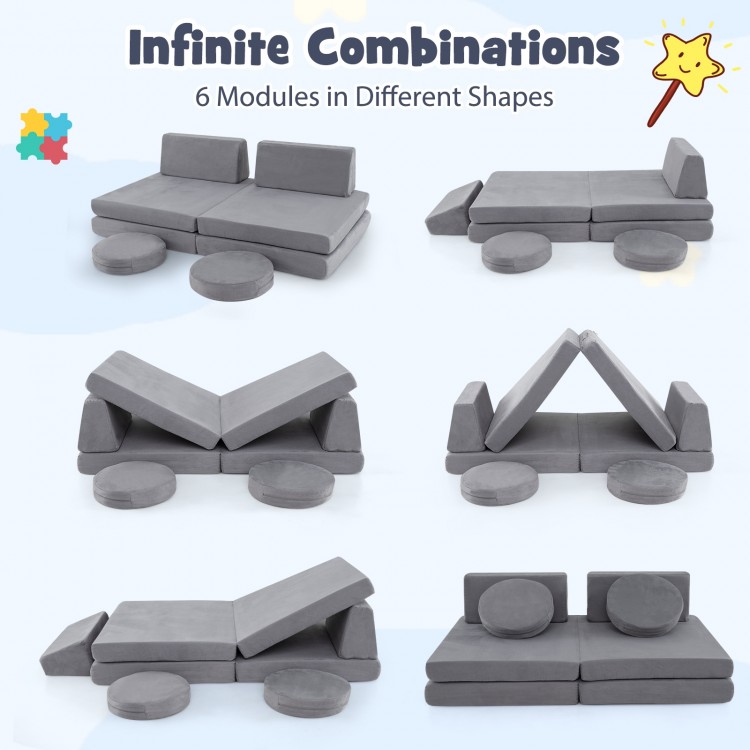 Versatile gray kids play couch set with 6 modular foam pieces, showcasing multiple configurations for imaginative play.