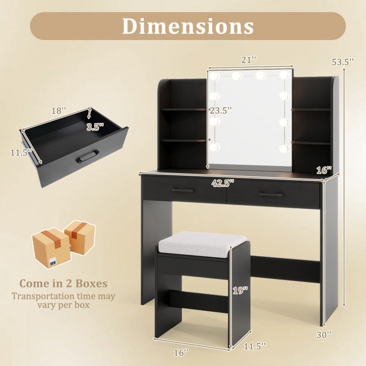 Black vanity set with lighted mirror, adjustable brightness, 2 drawers, and cushioned stool for stylish makeup storage.