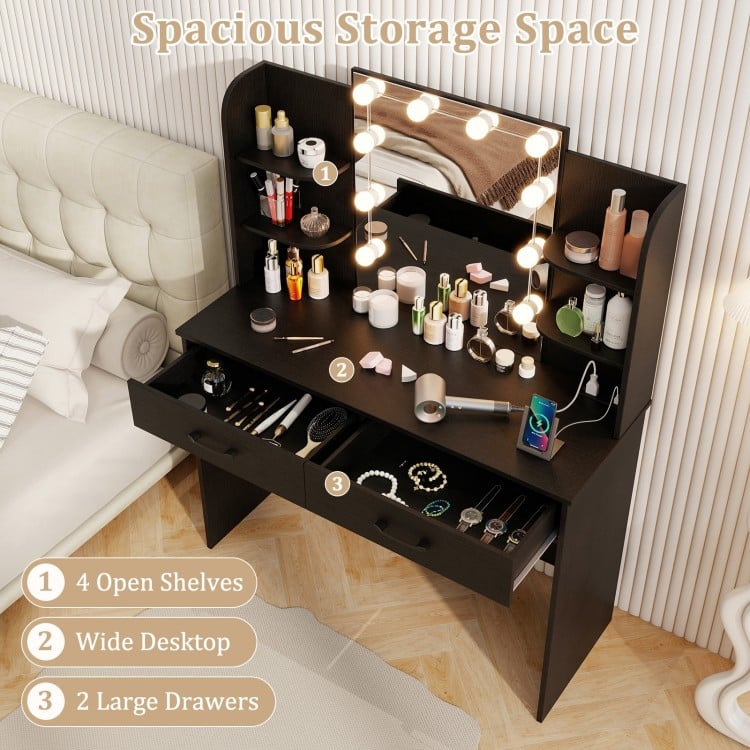 Vanity set in black featuring a lighted mirror, 4 open shelves, and 2 large drawers for efficient storage.