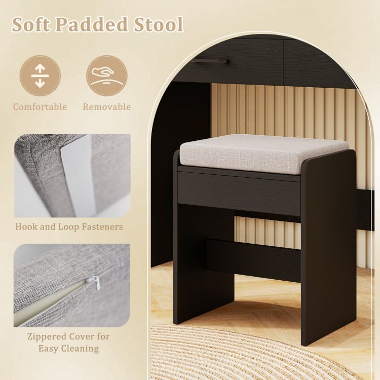 Cushioned stool with removable cover and hook and loop fasteners, designed for comfort with the vanity set.