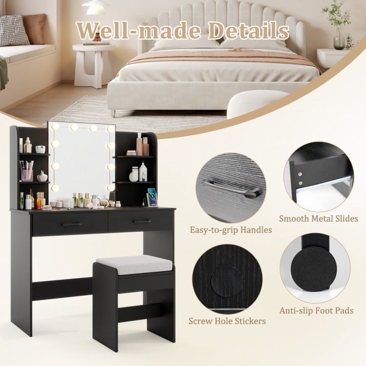 Close-up of the black vanity set's lighted mirror with adjustable brightness and easy-to-grip handles for stylish.