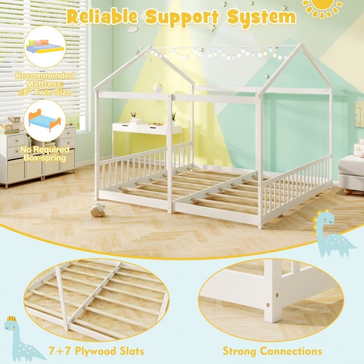 House-shaped double floor bed for twins in white with safety guardrails and sturdy plywood slats for reliable support.