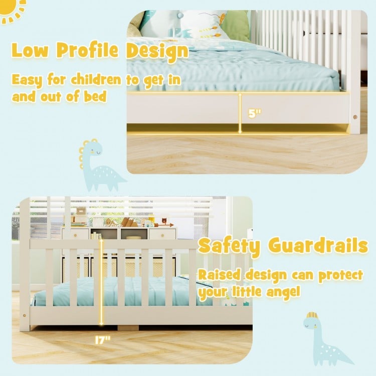 Low profile design of the double floor bed for twins with safety guardrails, ideal for easy access and protection.