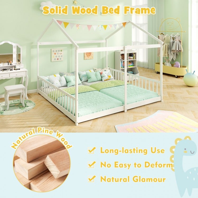 House-shaped double floor bed frame in white for twins, featuring safety guardrails and sturdy pine wood construction.