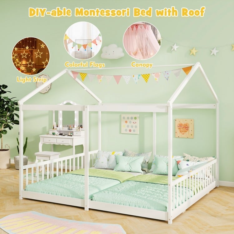 House-shaped double floor bed for twins in white with safety guardrails, ideal for creative DIY decoration.