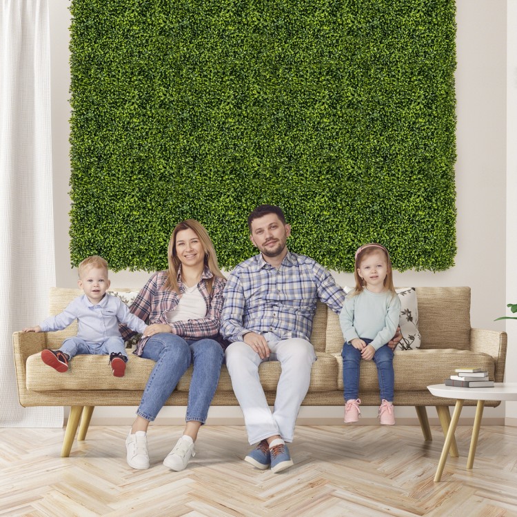 Artificial hedge boxwood panel set, 12 pieces of 20" x 20", perfect for DIY green wall backdrops indoors or outdoors.