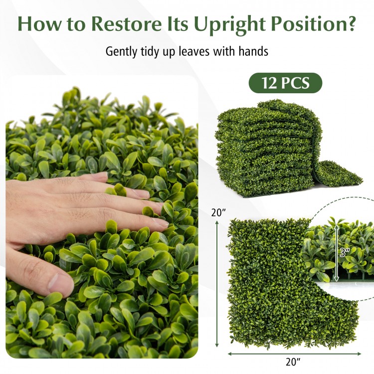 Artificial hedge boxwood panel set of 12, each 20"x20", ideal for creating privacy screens or green wall backdrops.