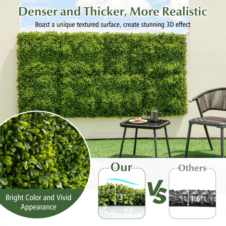 Artificial hedge boxwood panel set, 12 pieces, 20"x20", 3" thick, vibrant green, ideal for privacy screens or green.