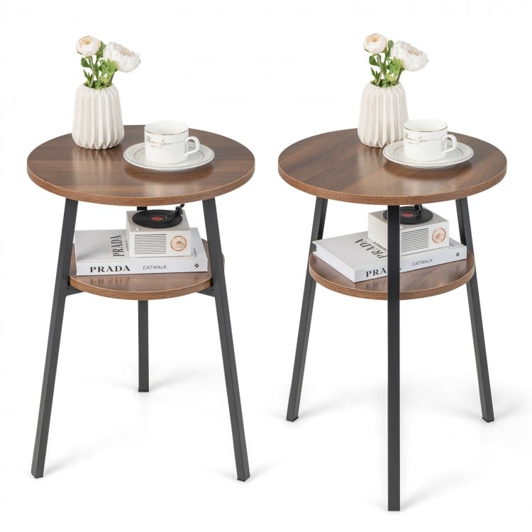 Set of 2 walnut round end tables with triangular metal frames and open shelves, ideal for living room or bedroom use.