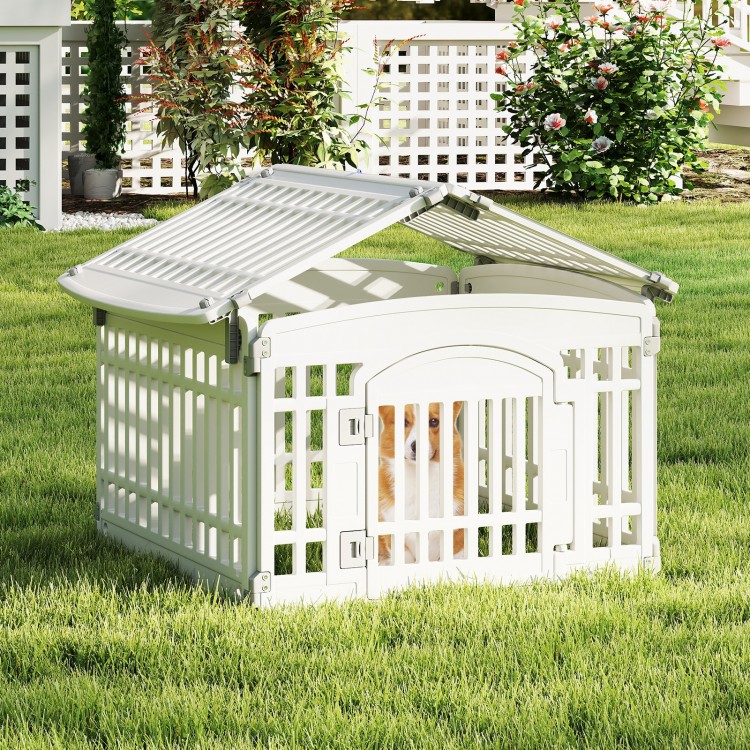 6-panel white plastic dog playpen with locking door, suitable for indoor and outdoor use, providing safe pet.