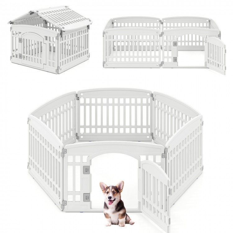 6-panel white plastic dog playpen with locking door, versatile design for indoor or outdoor pet containment.