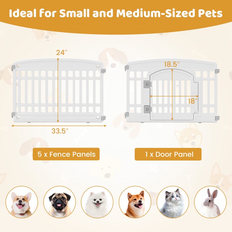 6-panel white plastic dog playpen with a locking door, ideal for small to medium pets, suitable for indoor and outdoor.