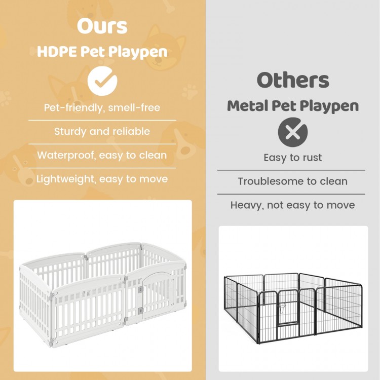 6-panel white HDPE dog playpen with locking door, lightweight and waterproof, ideal for indoor and outdoor pet.