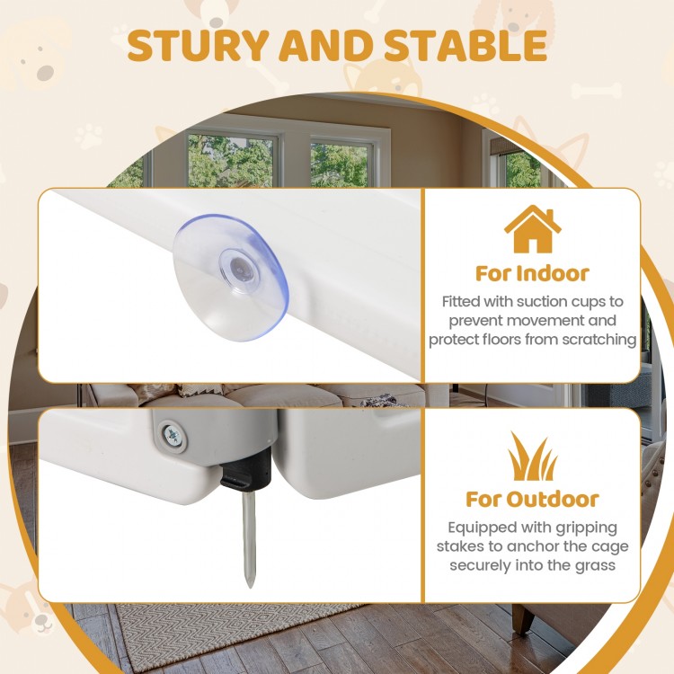 6-panel white plastic dog playpen with suction cups for indoor use and gripping stakes for outdoor stability.