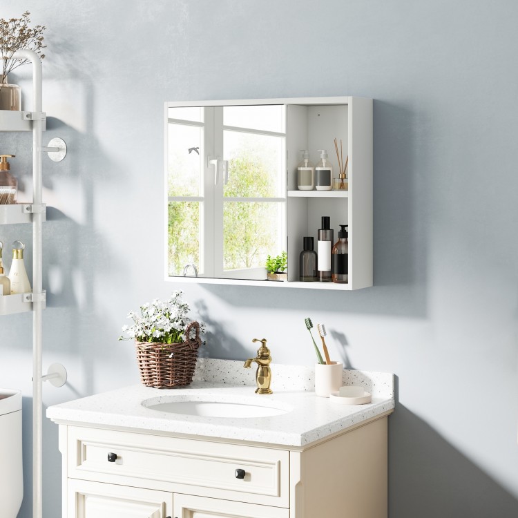 Bathroom medicine cabinet with single mirror door, white finish, featuring open and enclosed storage compartments.