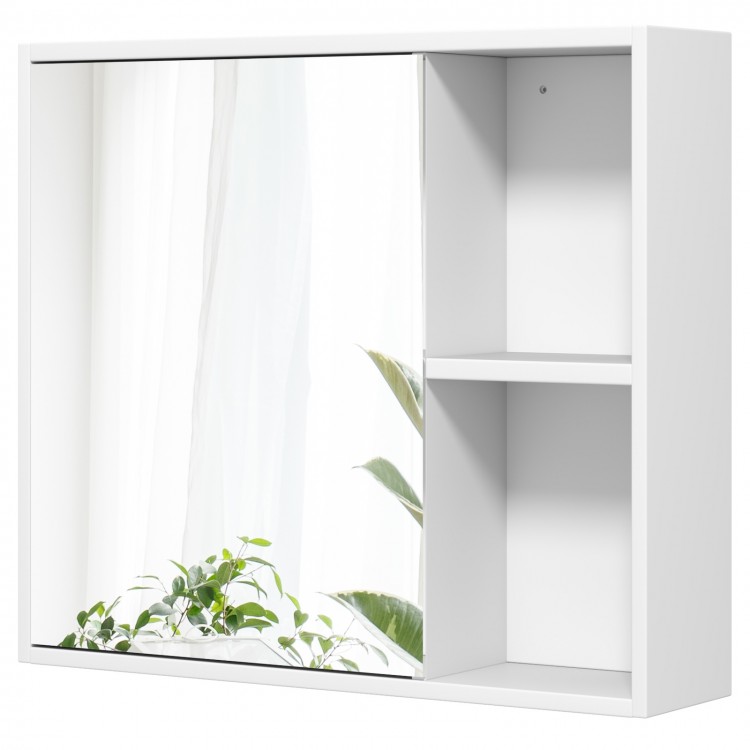 White bathroom medicine cabinet with a single mirror door, showcasing a sleek design and practical open storage for.