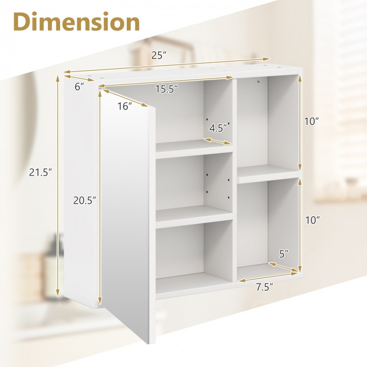 Dimensions of the white bathroom medicine cabinet with single mirror door, featuring adjustable shelves and open.