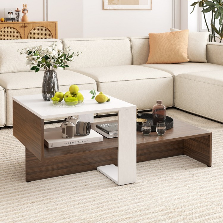 Geometric coffee table in white and brown with 2-tier storage shelves, perfect for living room or reception area.