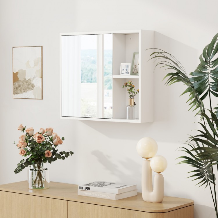 Bathroom medicine cabinet with a single mirror door, featuring open and enclosed storage compartments in white.