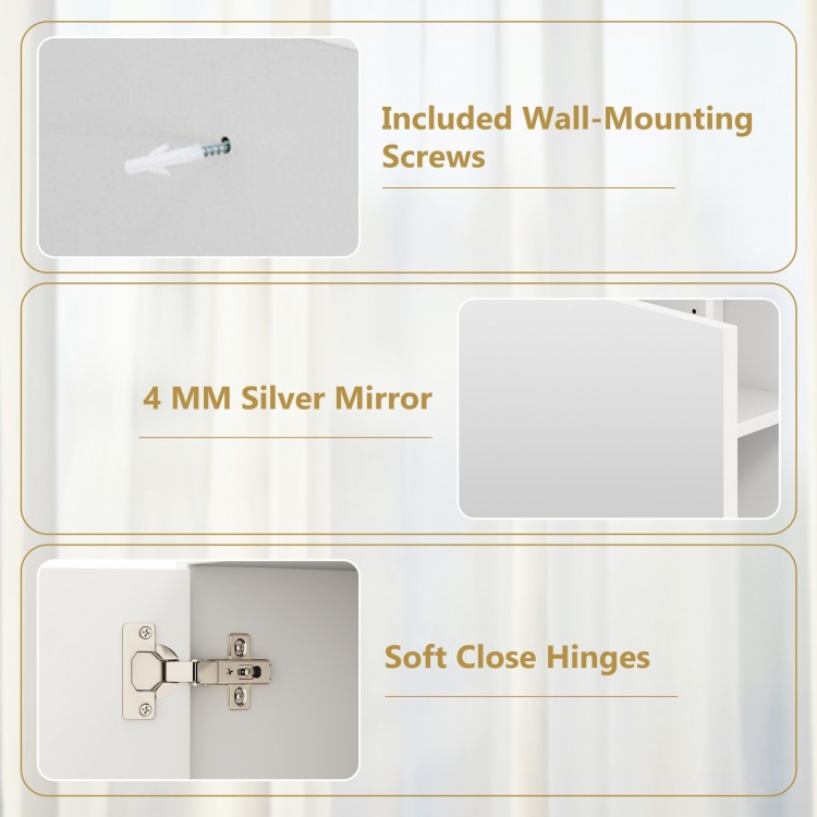 Close-up of the bathroom medicine cabinet's soft close hinges and included wall-mounting screws for easy installation.