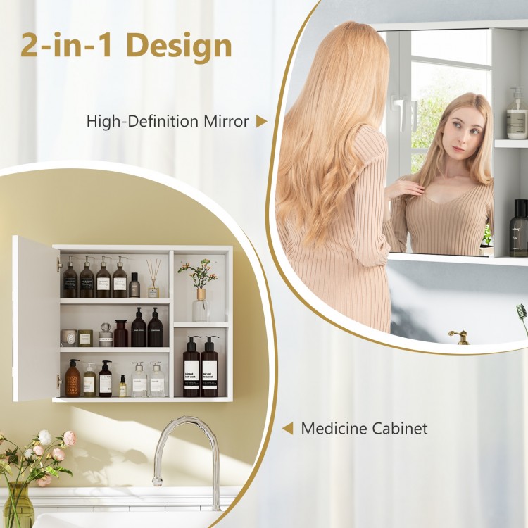 Bathroom medicine cabinet with single mirror door, featuring open and enclosed storage compartments for versatile.