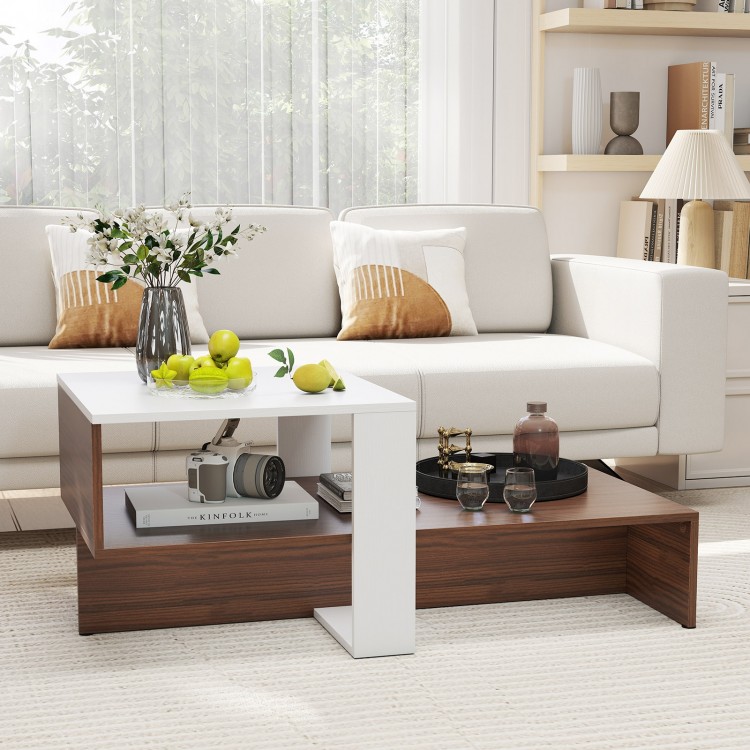 Geometric coffee table in white and brown with 2-tier storage shelves, perfect for living room or reception room use.