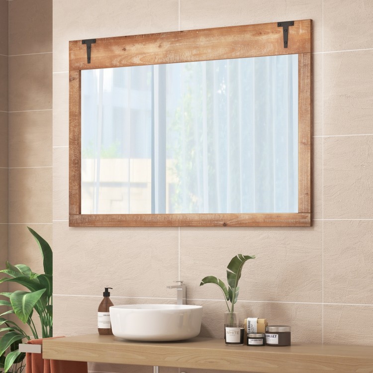 Farmhouse rustic barn door wall mirror with natural wood frame, perfect for entryways or living rooms.