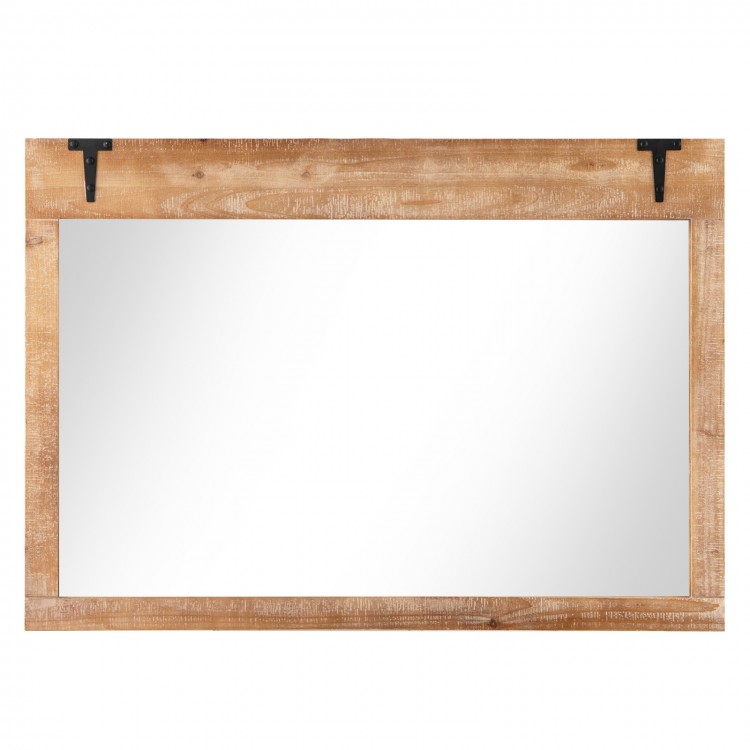 Farmhouse rustic barn door wall mirror with natural wood frame, 39 x 27.5 inches, ideal for entryways or living rooms.
