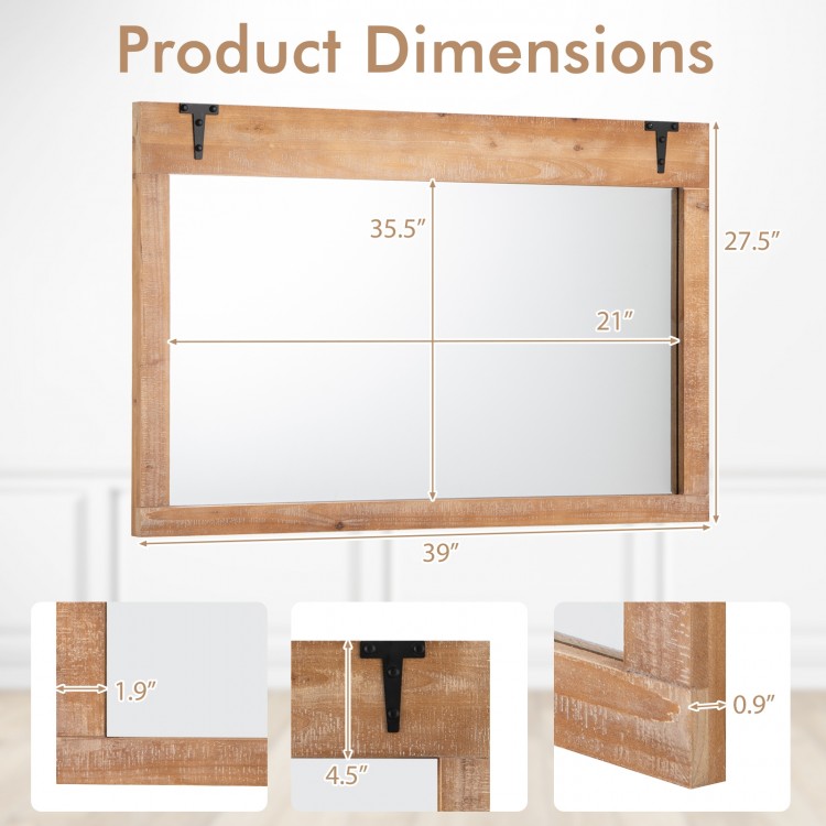 Farmhouse rustic barn door wall mirror dimensions with solid wood frame, ideal for entryways or living rooms.