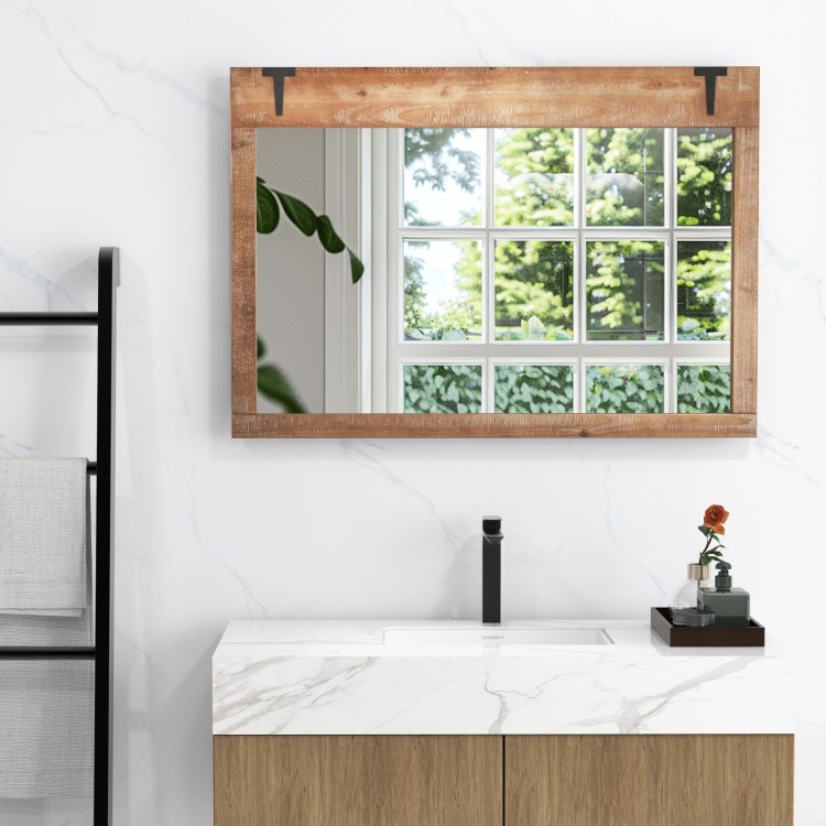 Barn door wall mirror with natural wood frame, showcasing clear reflection and versatile hanging for any farmhouse.