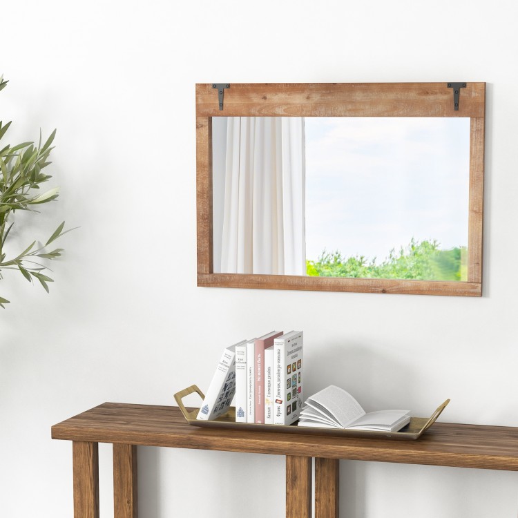 Farmhouse rustic barn door wall mirror with natural wood frame, ideal for entryways or living rooms, 39 x 27.5 inches.