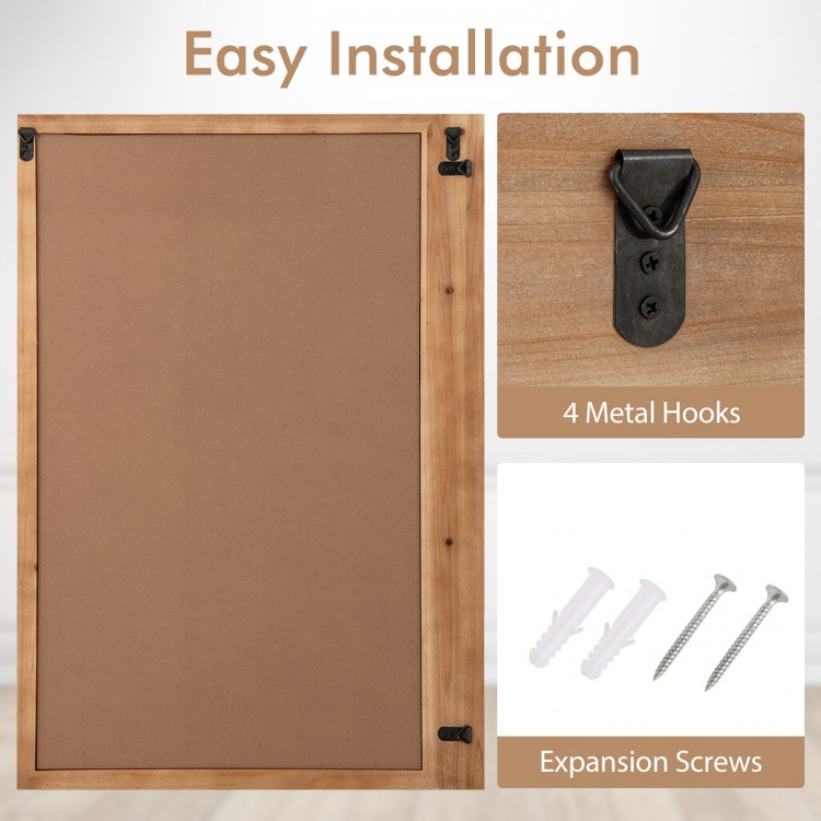 Barn door wall mirror with wood frame, featuring easy installation and 4 metal hooks for versatile hanging options.