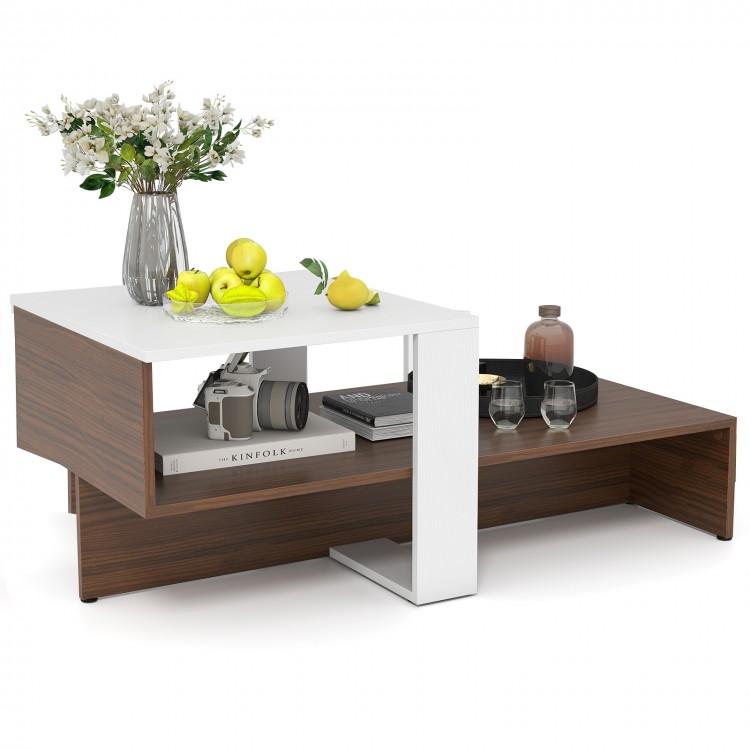 Geometric 2-tier coffee table in white and brown with unique storage shelves, perfect for living room or reception use.