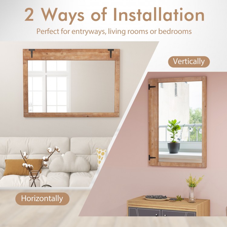 Farmhouse rustic barn door wall mirror with wood frame, shown in vertical and horizontal installation options.