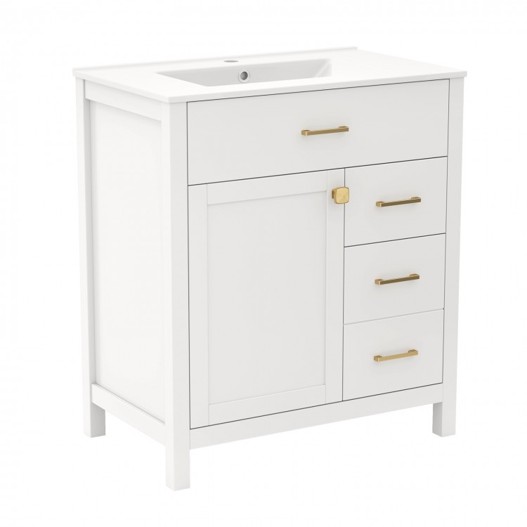 Single bathroom vanity in white featuring robust rubber wood legs and an adjustable shelf for efficient bathroom.