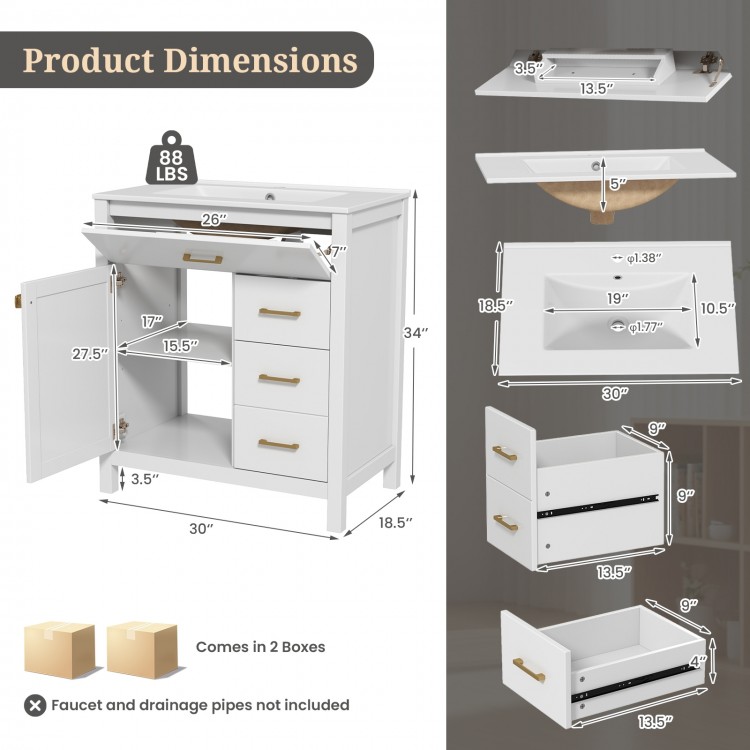 Product dimension chart for a single bathroom vanity in white, showcasing measurements for effective space planning and.