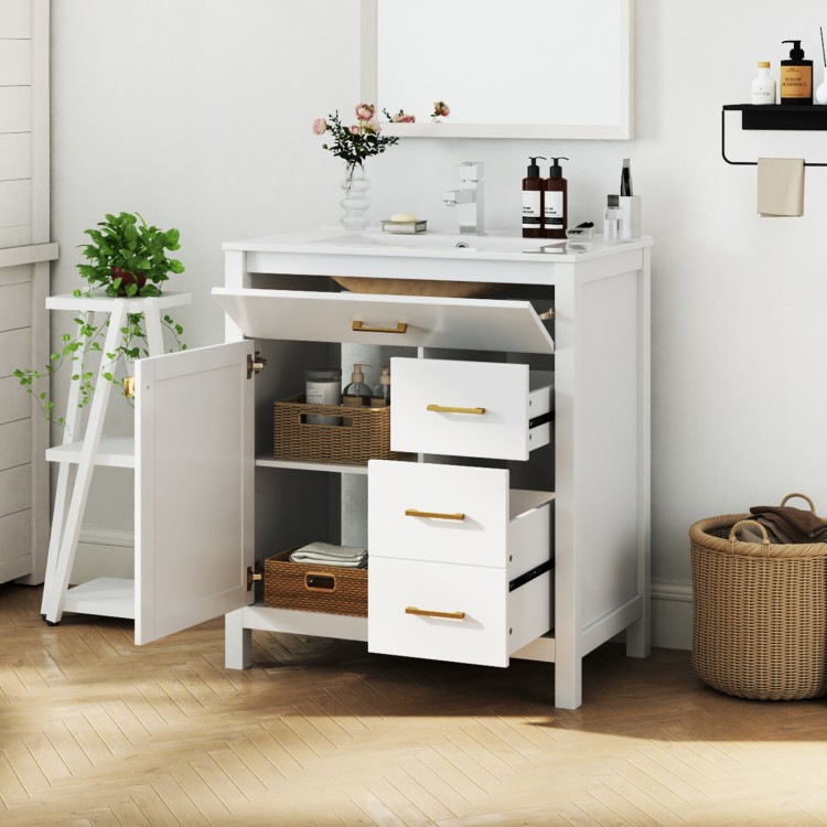 Single bathroom vanity in white with an open cabinet displaying storage baskets and an elegant curved sink bowl design.