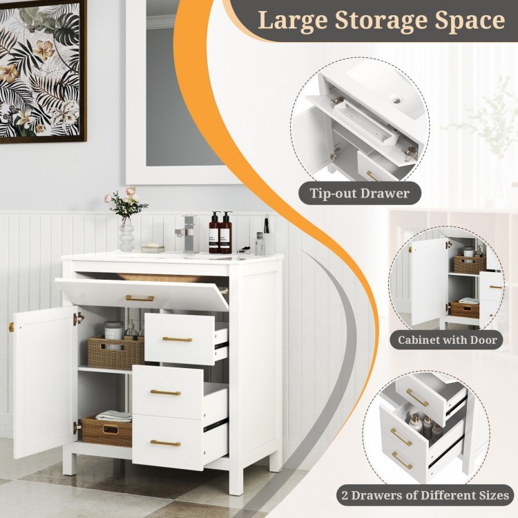 Single bathroom vanity in white featuring 2 drawers, 1 tip-out drawer, and a cabinet for ample storage space.