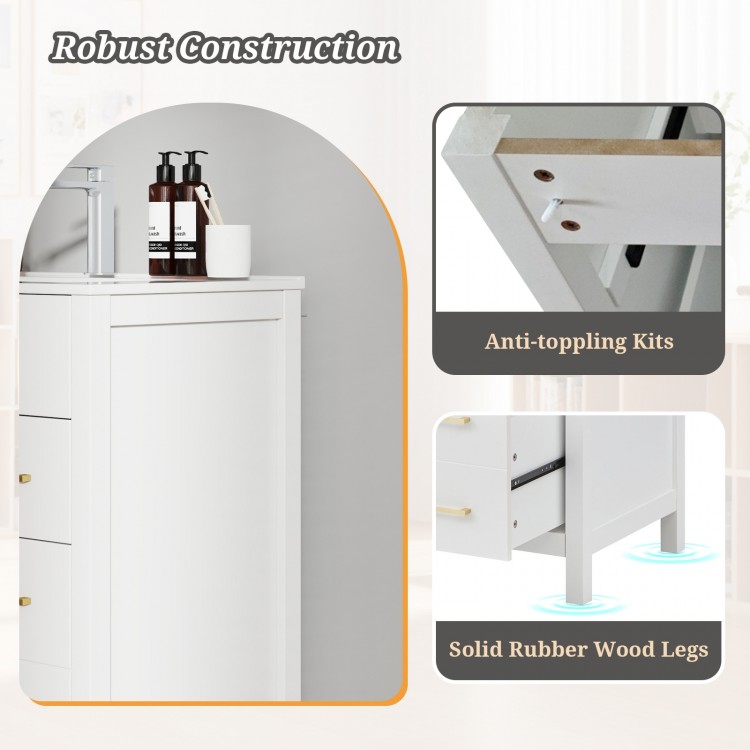Single bathroom vanity in white featuring 2 drawers, 1 door, and robust rubber wood legs for modern storage solutions.